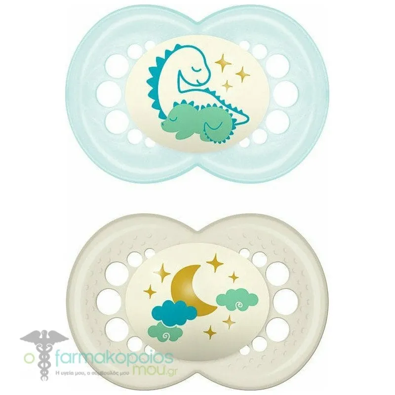 Mam Night Silicone Orthodontic Soother 16m+, 2pcs - Γαλάζιο-Λευκό