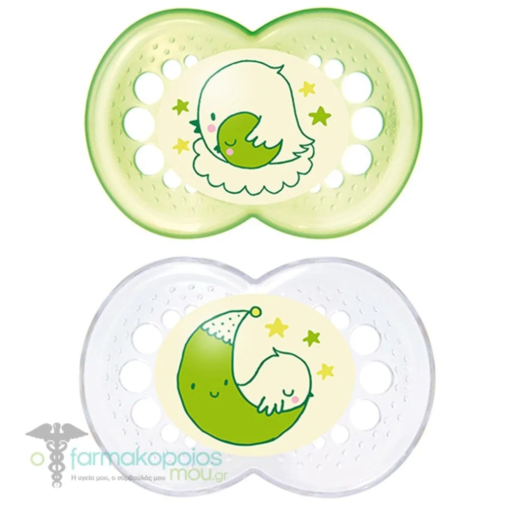 Mam Night Orthodontic Silicone Soother 6m+, 2pcs - Πρασινο
