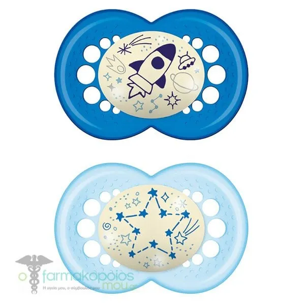 Mam Night Orthodontic Silicone Soother 6m+, 2pcs - Γαλάζιο-Μπλε