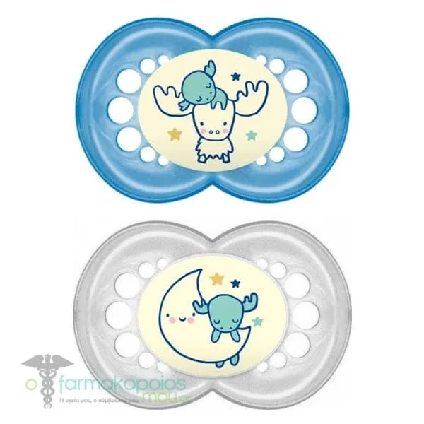 Mam Night Orthodontic Silicone Soother 6m+, 2pcs - Μπλε-Γκρι
