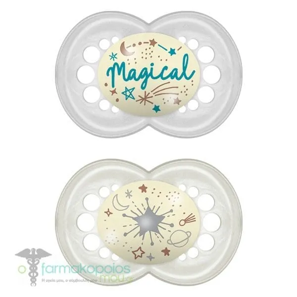 Mam Night Orthodontic Silicone Soother 6m+, 2pcs - Γκρι-Λευκό