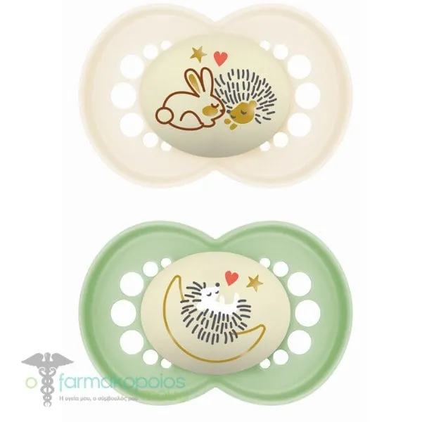 Mam Night Orthodontic Silicone Soother 6m+, 2pcs - Γκρί-Σκαντζόχοιρος