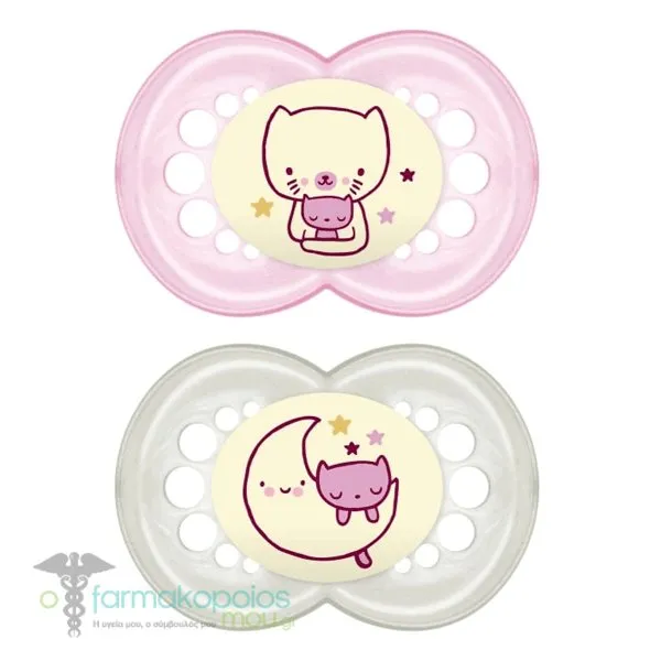 Mam Night Orthodontic Silicone Soother 6m+, 2pcs - Άσπρο - Ροζ