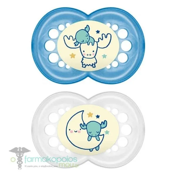 Mam Night Orthodontic Silicone Soother 6m+, 2pcs - Μπλε-Διάφανο