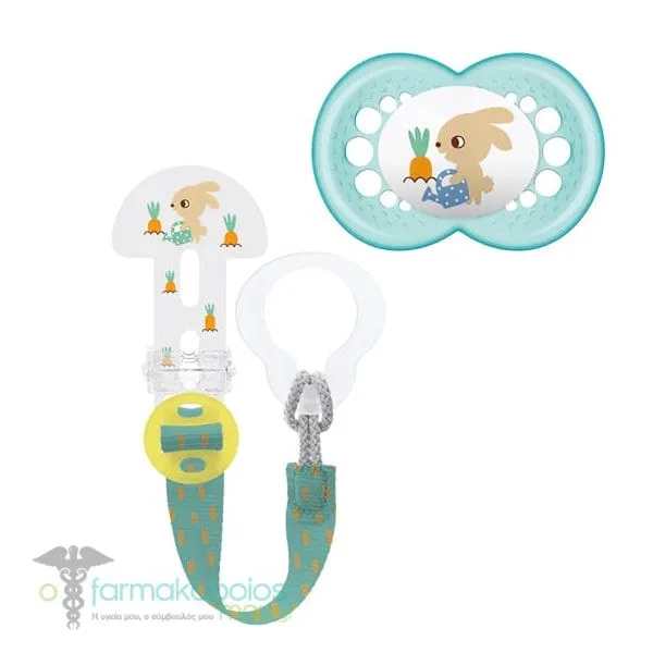 Mam Original & Clip it! 319S Set with Orthodontic Silicone Pacifier 6-16m+ & Pacifier Clip for All Pacifier Types, 1set - Διάφανο-Γαλαζοπράσινο