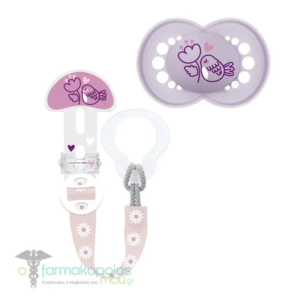 Mam Original & Clip it! 319S Set with Orthodontic Silicone Pacifier 6-16m+ & Pacifier Clip for All Pacifier Types, 1set - Ρόζ-Μώβ