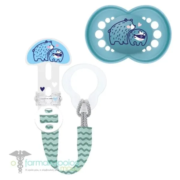 Mam Original & Clip it! 319S Set with Orthodontic Silicone Pacifier 6-16m+ & Pacifier Clip for All Pacifier Types, 1set - Μπλε-Αρκούδα