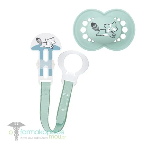 Mam Original & Clip it! 319S Set with Orthodontic Silicone Pacifier 6-16m+ & Pacifier Clip for All Pacifier Types, 1set - Μπλε Ρακούν