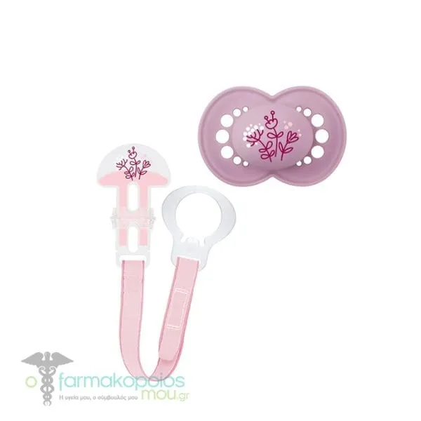 Mam Original & Clip it! 319S Set with Orthodontic Silicone Pacifier 6-16m+ & Pacifier Clip for All Pacifier Types, 1set - Ροζ Λουλουδάκια