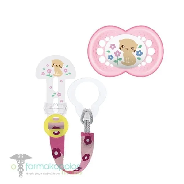 Mam Original & Clip it! 319S Set with Orthodontic Silicone Pacifier 6-16m+ & Pacifier Clip for All Pacifier Types, 1set - Ρόζ-Διάφανο