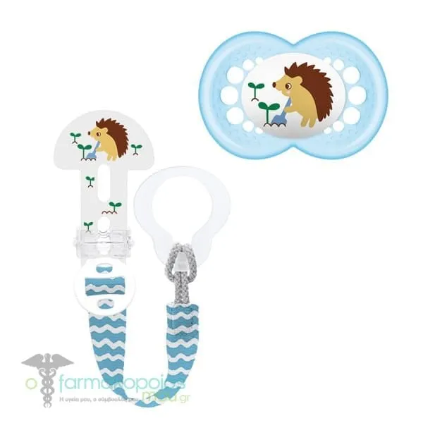 Mam Original & Clip it! 319S Set with Orthodontic Silicone Pacifier 6-16m+ & Pacifier Clip for All Pacifier Types, 1set - Διάφανο-Γαλάζιο