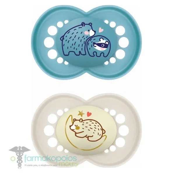 Mam Original Day & Night Σετ Πιπίλες 6-16m, 2τεμ - Μπλε-Γκρι