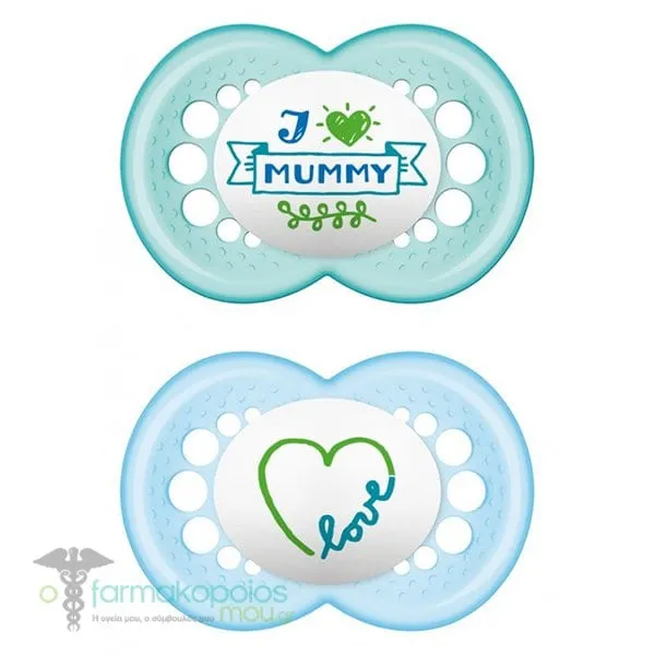 Mam Original I love Mummy & Daddy Orthodontic Silicone Soother SkinSoft 16m+, 2pcs - 002 Γαλάζιο-Βεραμάν