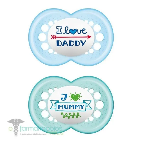Mam Original I love Mummy & Daddy Orthodontic Silicone Soother SkinSoft 16m+, 2pcs - Γαλάζιο-Μπλε
