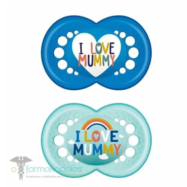Mam Original I love Mummy & Daddy Orthodontic Silicone Soother SkinSoft 16m+, 2pcs - Μπλε-Γαλάζιο
