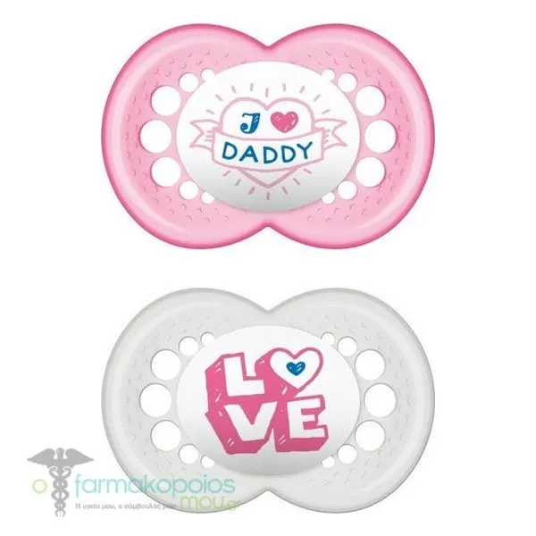 Mam Original I love Mummy & Daddy Orthodontic Silicone Soother SkinSoft 16m+, 2pcs - Φούξια-Λευκό