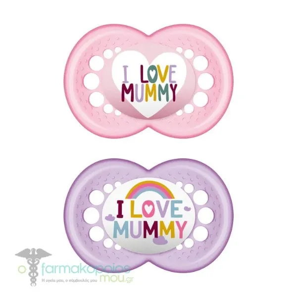 Mam Original I love Mummy & Daddy Orthodontic Silicone Soother SkinSoft 16m+, 2pcs - Ρόζ-Μώβ