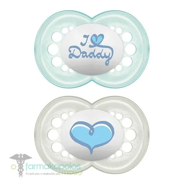 Mam Original I love Mummy & Daddy Orthodontic Silicone Soother SkinSoft 16m+, 2pcs - Γαλάζιο-Γκρι