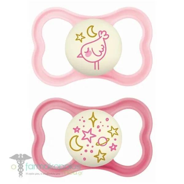 Mam Supreme Night Silicone Pacifier 6m+, 2pcs - Ρόζ-Σάποιο Μήλο