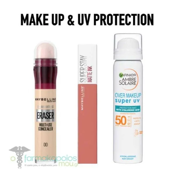 Maybelline Promo Super Stay Matte Ink Ματ Κραγιόν - 65 Seductress, 5ml, Age Rewind Instant Eraser Concealer Κονσίλερ με Σφουγγαράκι - 00 Ivory, 6ml & Garnier Ambre Solaire Over Makeup Mist SPF50 Αντιηλιακό Προσώπου, 75ml, 1σετ