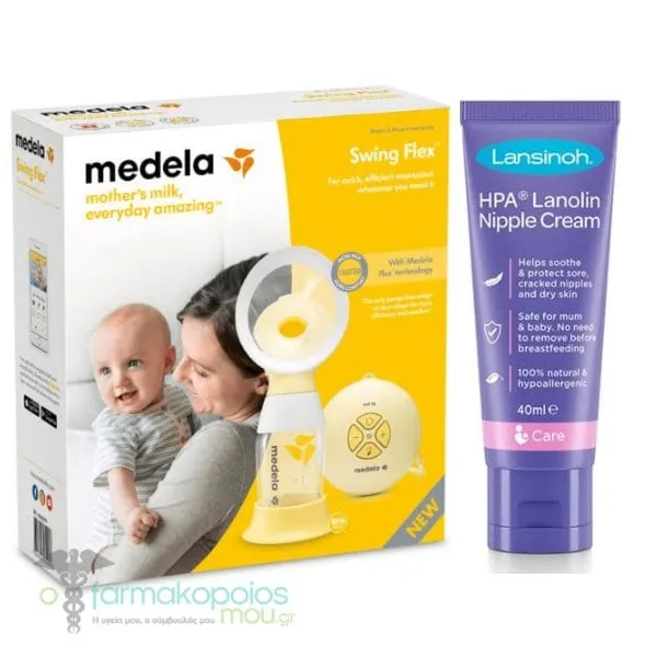 Medela Swing Flex 2-Phase Expression Single-Pump Electric Breast Pump, 1pc & Lansinoh HPA Sore Nipple Cream, 40ml, 1set