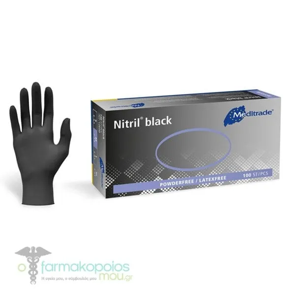 Meditrade Nitrile Black Powderfree / Latexfree Protective Gloves, 100pcs
