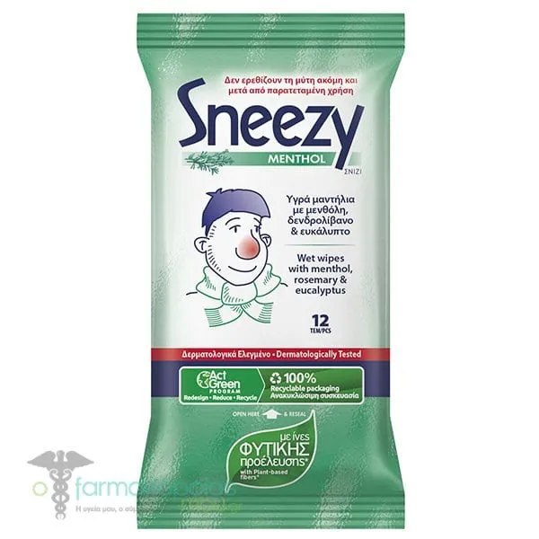 Mega Sneezy Menthol Υγρά Μαντηλάκια για το Κρυολόγημα, 12τεμ