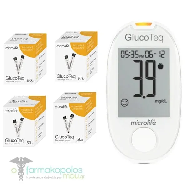 Microlife Promo GlucoTeq Blood Glucose Test Strips, 4x50pcs & Free GlucoTeq Light BGM 200 Blood Glucose Monitoring System, 1pc, 1set