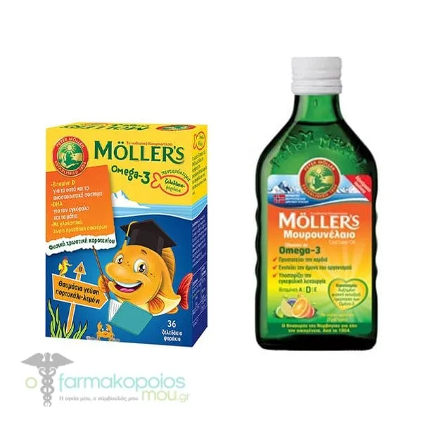 Moller's Cod Liver Oil Tutti Frutti, 250ml & Moller's Omega-3 Jelly Fish Orange-Lemon, 36gummies