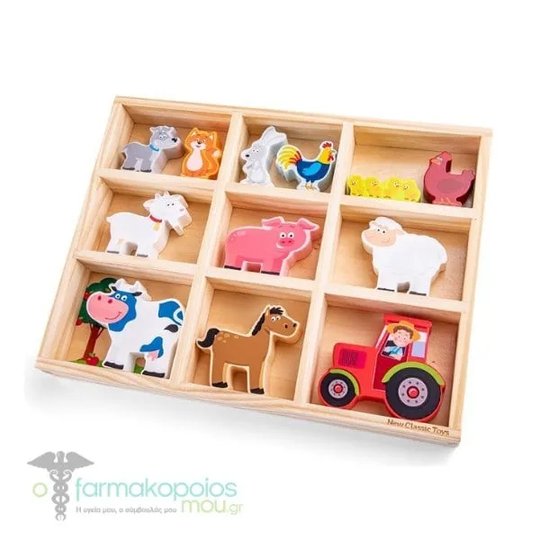 New Classic Toys Wooden Farm Animals in Box, 1set