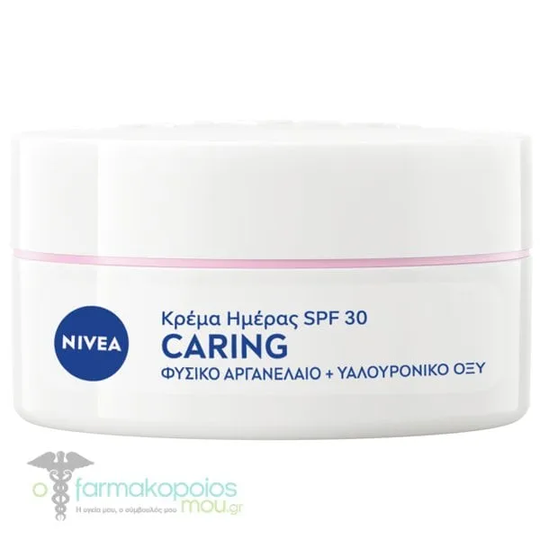 Nivea Caring 48h Ενυδατική Κρέμα Ημέρας με Φυσικό Αργανέλαιο &amp; Υαλουρονικό Οξύ SPF30, 50ml