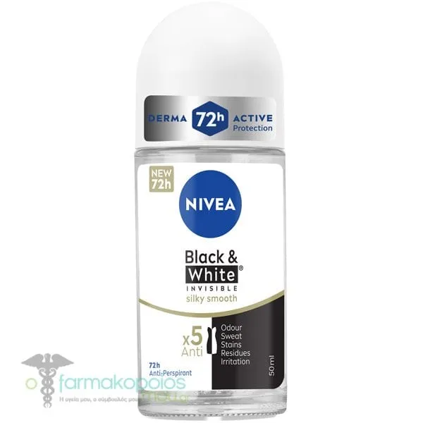 Nivea Deo Black & White Silky Smooth Roll-On Γυναικείο Αποσμητικό Roll-on 72h Προστασίας, 50ml