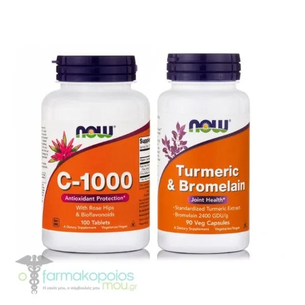 Now Foods Promo Pack with Vitamin C 1000mg with Rose Hips & Bioflavonoids, 100tabs & Turmeric & Bromelain 300/150 mg, 90vcaps