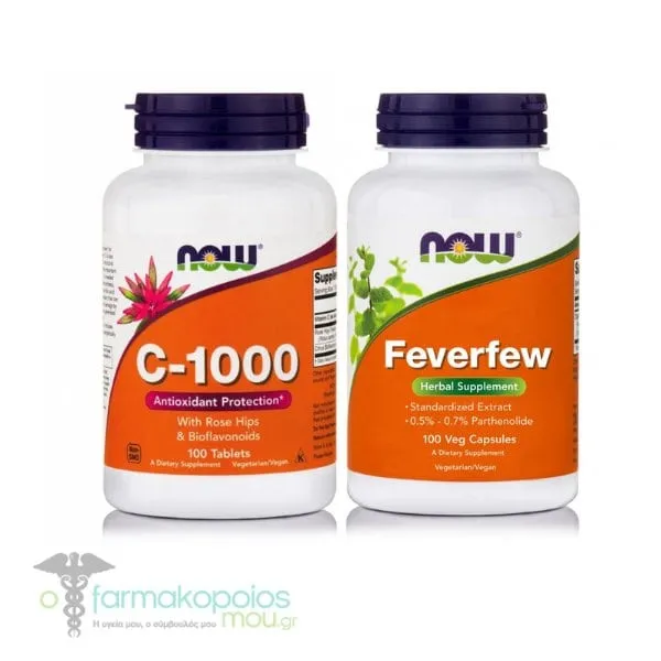 Now Foods Promo Pack with Vitamin C 1000mg with Rose Hips & Bioflavonoids, 100tabs & Feverfew 400mg, 100caps