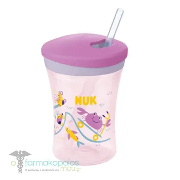 Nuk Action Cup 12m+ Εκπαιδευτικό Κύπελλο με Καλαμάκι, 230ml - Μωβ-Καβουράκια