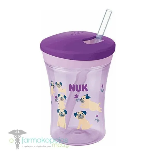 Nuk Action Cup 12m+ Εκπαιδευτικό Κύπελλο με Καλαμάκι, 230ml - Μωβ-Σκυλάκια