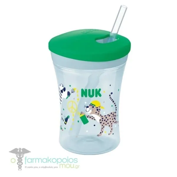 Nuk Action Cup 12m+ Εκπαιδευτικό Κύπελλο με Καλαμάκι, 230ml - Πράσινο-Ζέμπρα