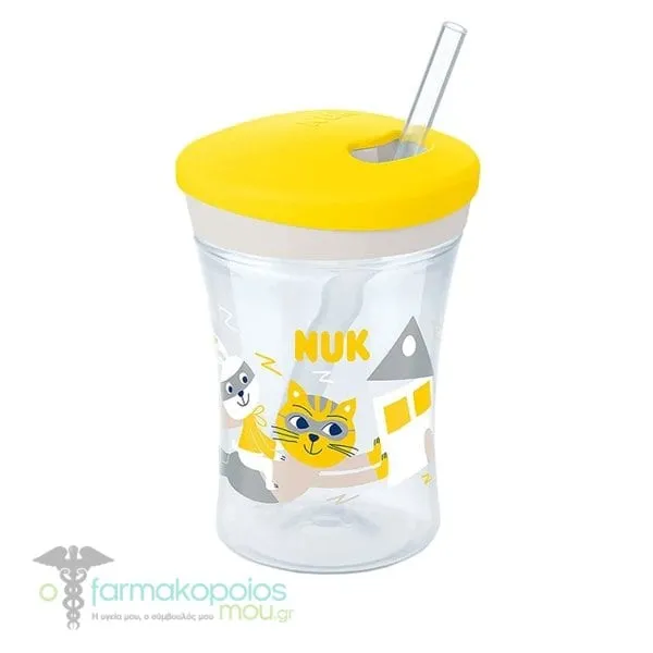 Nuk Action Cup 12m+ Εκπαιδευτικό Κύπελλο με Καλαμάκι, 230ml - Κίτρινο-Τιγράκι-Κουνελάκι-Μέλισσα