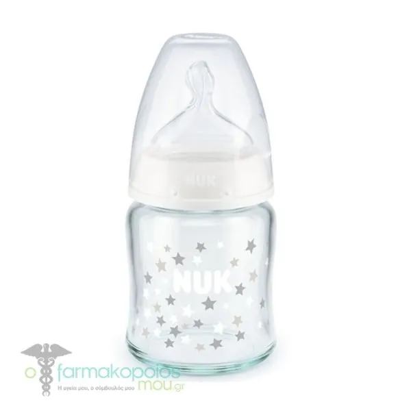 NUK First Choice Glass Baby Bottle with Silicone Teat 0-6m, 120ml - 008 Λευκό