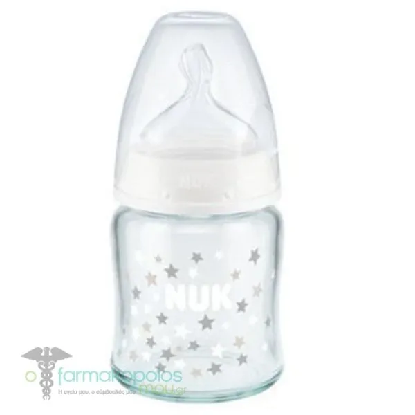 Nuk First Choice+ Glass Baby Bottle with Latex Nipple Medium 0-6m, 120ml - Άσπρο