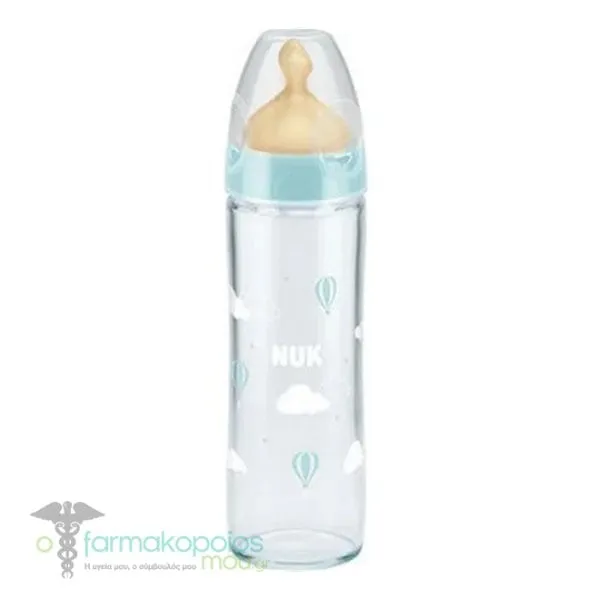 NUK First Choice+ New Classic Glass Baby Bottle with Silicone Teat Medium 0-6m, 240ml - Γαλάζιο