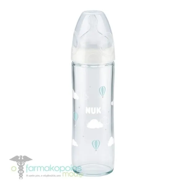 NUK First Choice+ New Classic Glass Baby Bottle with Silicone Teat Medium 0-6m, 240ml - 008 Λευκό