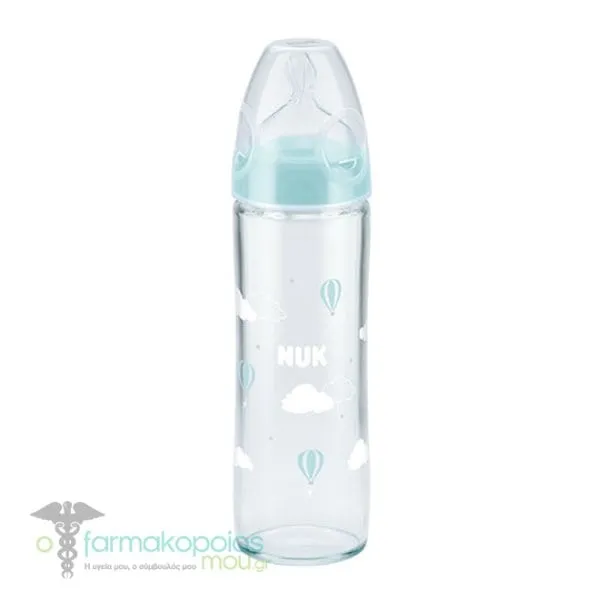 NUK First Choice+ New Classic Glass Baby Bottle with Silicone Teat Medium 0-6m, 240ml - Γαλάζιο