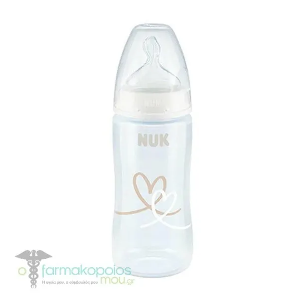 NUK First Choice+ Temperature Control Baby Bottle Silicone Teat 6-18m, 300ml - Λευκό-Καρδούλες