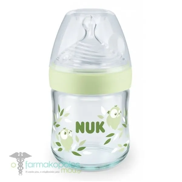 Nuk Nature Sense Γυάλινο Μπιμπερό με Δείκτη Ελέγχου Θερμοκρασίας 0-6m, 120ml - Πράσινο Πουλάκι