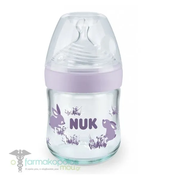 Nuk Nature Sense Γυάλινο Μπιμπερό με Δείκτη Ελέγχου Θερμοκρασίας 0-6m, 120ml - Μωβ Κουνελάκι