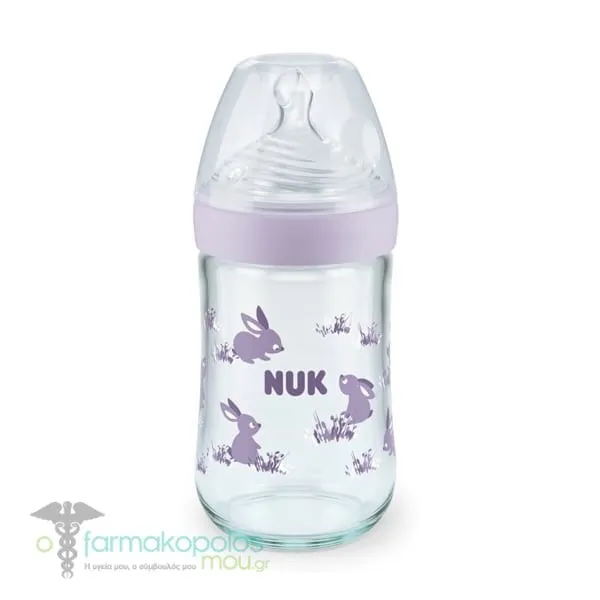 Nuk Nature Sense Γυάλινο Μπιμπερό με Δείκτη Ελέγχου Θερμοκρασίας 0-6m, 240ml - Μωβ Κουνελάκι