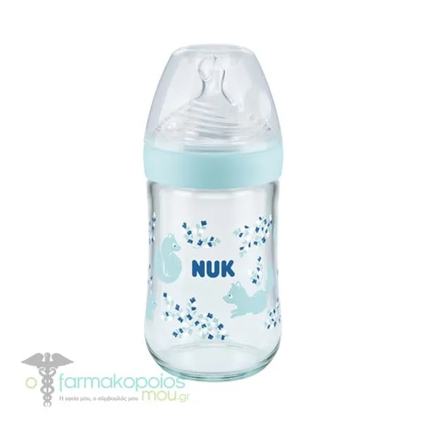 NUK Nature Sense Even Softer Series (10.745.119) Glass Baby Bottle with Silicone Nipple Size M, 0-6m, 240ml - Μπλε Αλεπουδάκι