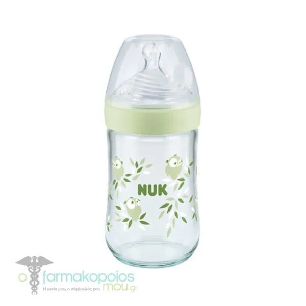 NUK Nature Sense Even Softer Series (10.745.119) Glass Baby Bottle with Silicone Nipple Size M, 0-6m, 240ml - Πράσινο Πουλάκι