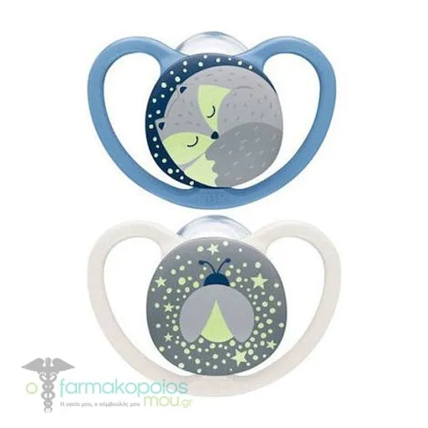NUK Space Night Silicone Soother with Box 6-18m, 2pcs - Μπλε-Λευκό
